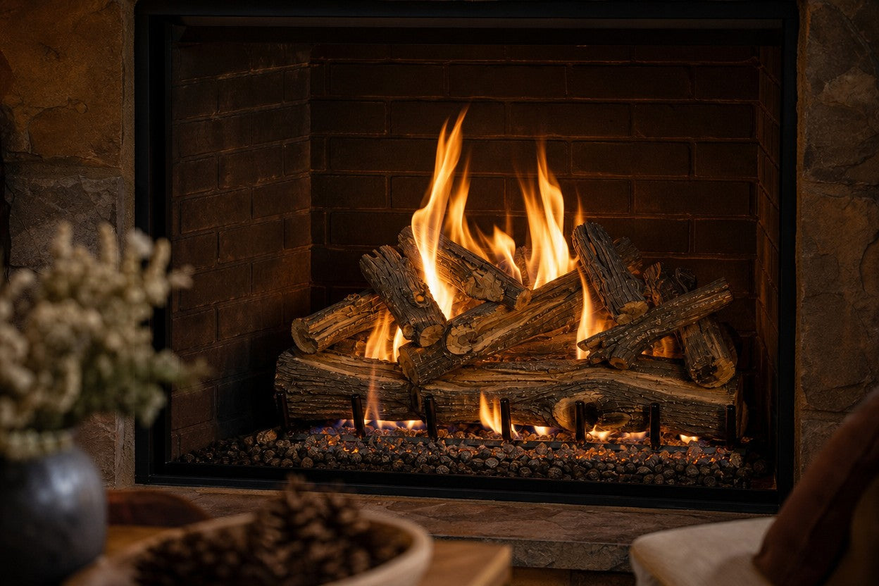 Vented gas log set with tall realistic yellow flames in a masonry fireplace