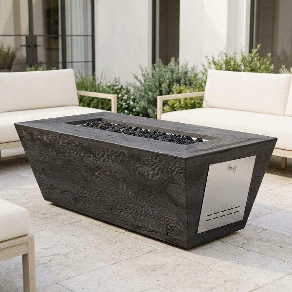 The Outdoor Plus 72" Rectangular Plymouth Fire Pit — 16" Tall — Wood Grain — patio view