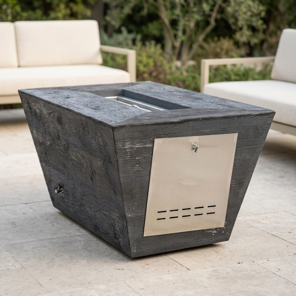 The Outdoor Plus 48" Rectangular Plymouth Fire Pit — 24" Tall — Wood Grain — patio view