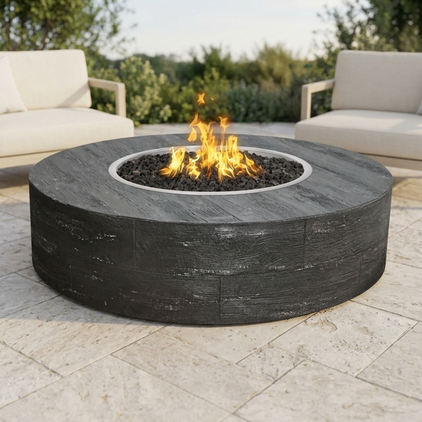 The Outdoor Plus 42" Sequoia Fire Pit — 16" Tall — Wood Grain — patio view