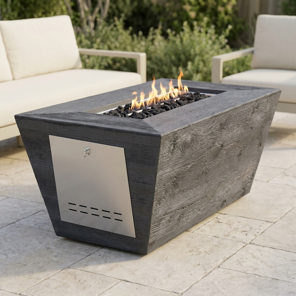 The Outdoor Plus 60" Rectangular Plymouth Fire Pit — 16" Tall — Wood Grain — patio view