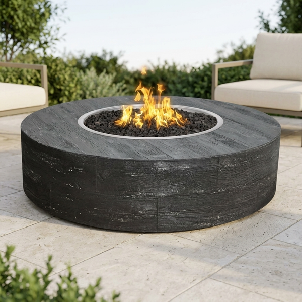 The Outdoor Plus 60" Sequoia Fire Pit — 16" Tall — Wood Grain — patio view
