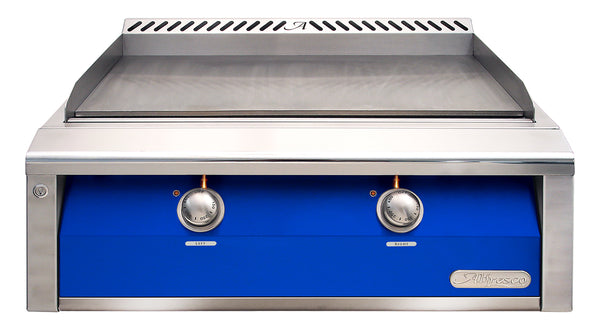 Alfresco 30-Inch Built-In Natural Gas Griddle — Ultramarine Blue Gloss — manufacturer front view