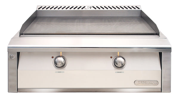 Alfresco 30-Inch Built-In Natural Gas Griddle — Signal White Gloss — manufacturer front view