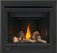 Napoleon Ascent 36 direct vent gas fireplace product shot with log set and premium bevelled trim