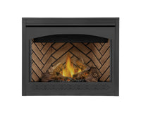 Napoleon Ascent 42 gas fireplace product shot with PHAZER logs, herringbone panels and Heritage front