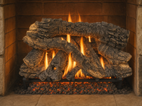 30" Canyon Timbers Vented Gas Log Set | Hargrove — lit with warm flame