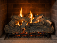 30" Cross Timbers Vented Gas Log Set | Hargrove — lit with warm flame