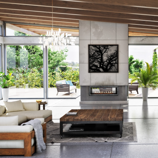 Empire Boulevard 48" see-through direct vent linear gas fireplace with 48-inch glass and LED underlighting