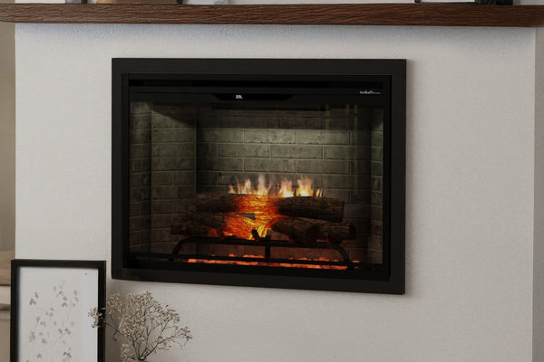 Dimplex Revillusion 30 inch built-in electric firebox with glowing realogs and customizable backer panels