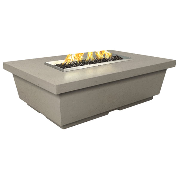 Contempo 52 inch rectangle concrete fire pit table with fire glass burning display by American Fyre Designs