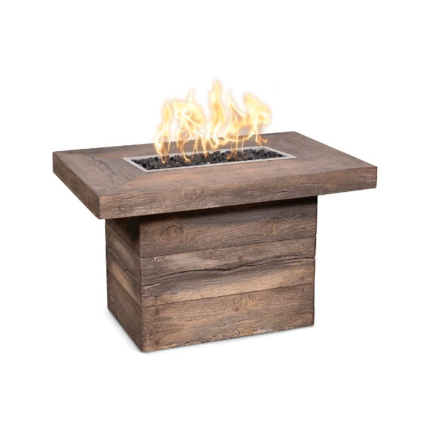 Alberta rectangle wood grain fire pit table with customizable options and fireglass display outdoors