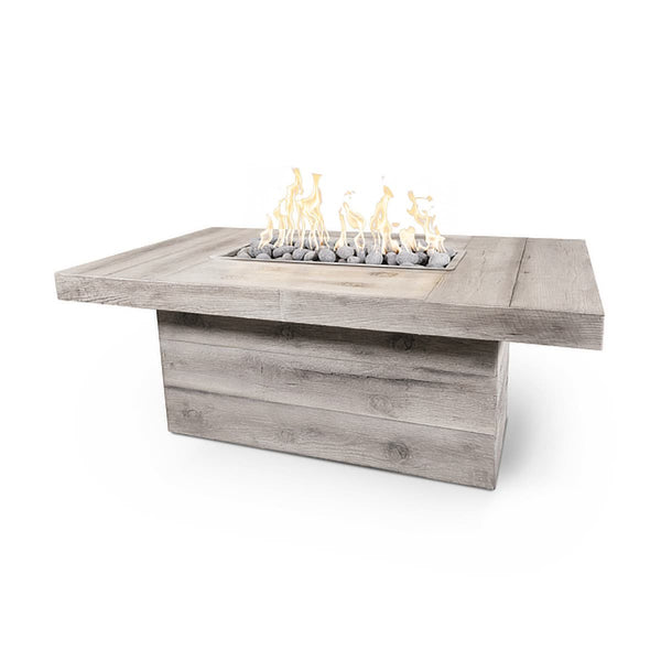 The Grove Fire Pit rectangular concrete fire table with glass-fiber reinforced concrete construction and fire glass on outdoor patio