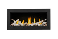 Napoleon Vector 38 direct vent linear gas fireplace product shot with birch logs, shore fire kit and black classic front