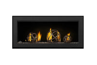 Napoleon Vector 38 linear gas fireplace product shot with wrought iron globes and topaz glass media