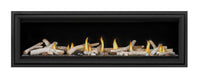 Napoleon Vector 62 direct vent linear gas fireplace product shot with birch logs, rocks and premium barrier