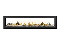 Napoleon Vector 74 See Through direct vent linear gas fireplace product shot with beach fire logs and clear beads