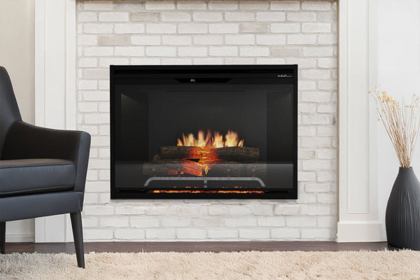 Dimplex Revillusion 36 inch built-in electric firebox with glowing realogs and adjustable flame effects