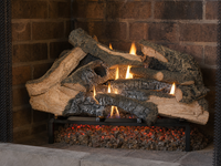 24" Rustic Timbers Vented Gas Log Set | Hargrove — 3/4 angle view with flame