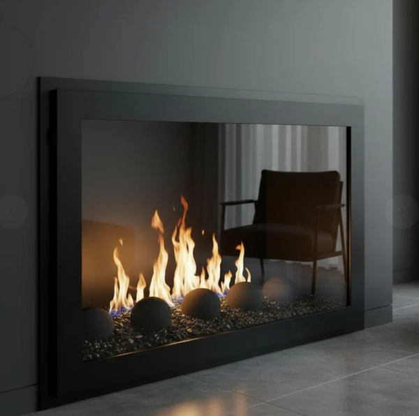 Moderne Fireplace Doors / Masonry / Opening Size 47 1/2" W x 29 1/8" H / 3 Sided Overlap Left 2 1/2" Top 2 1/2" Right 2 1/2" / Draft Control Bottom 3 1/2" / Door Frame Width 2" / Rustic Black / Clear Glass
