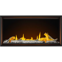 Napoleon Tall Linear Vector 50 direct vent gas fireplace product shot with birch logs, woodland kit and orange ember bed