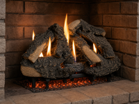 24" Timbers Vented Gas Log Set | Hargrove — 3/4 angle view with flame