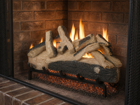 30" Western Pine Vented Gas Log Set | Hargrove — 3/4 angle view with flame