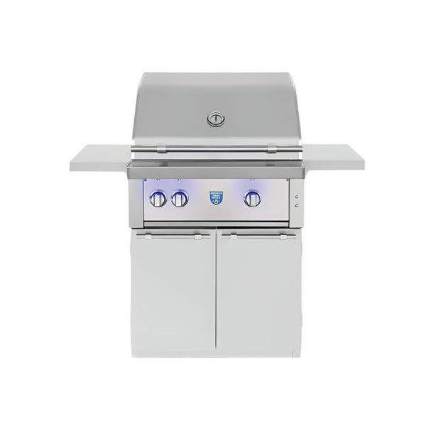 American Made Grills freestanding estate 30-inch gas grill with stainless steel, rotisserie, and storage cart features
