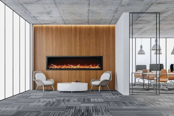 Astound 96" Built-in Electric Fireplace with frameless design, realistic flames, voice control, and customizable features