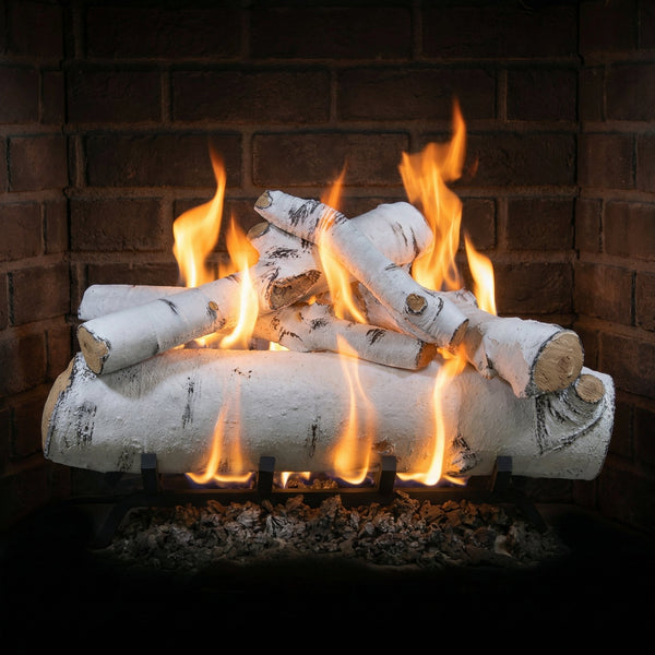 24" Sierra Birch vented gas log set with glowing embers for single-sided fireplaces