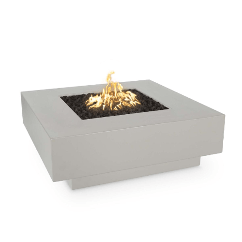 Cabo Square powder coat steel fire pit with glowing firewood inside