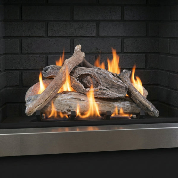 18" Driftwood vented gas log set with glowing embers for single-sided fireplaces