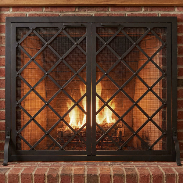 Custom free-standing steel fireplace screen with doors, traditional classic design, powder-coated finish