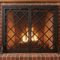 Custom free-standing steel fireplace screen with doors, traditional classic design, powder-coated finish