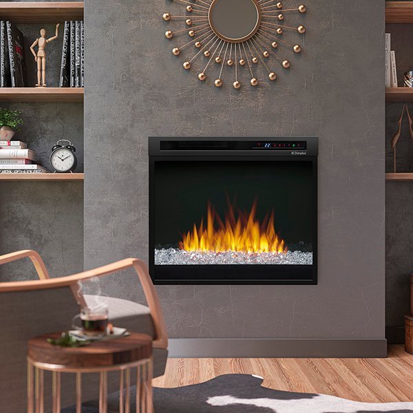 Dimplex 28" Multi-Fire XHD electric firebox with black glass surround and customizable flames