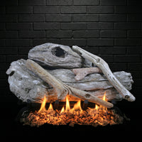24" Driftwood Gas Log Set with vented ceramic logs and glowing embers for single-sided fireplaces