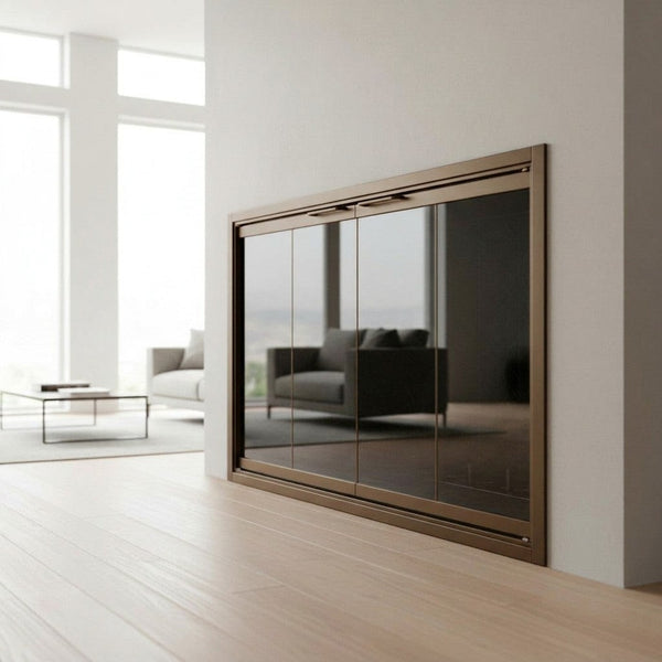 Fireplace Doors 33 5/16” W x 21” H / Overlap Fit / Honey Maple / Bi-Fold / Simplicity Handle / Clear Glass / Additional - Pressure Mount