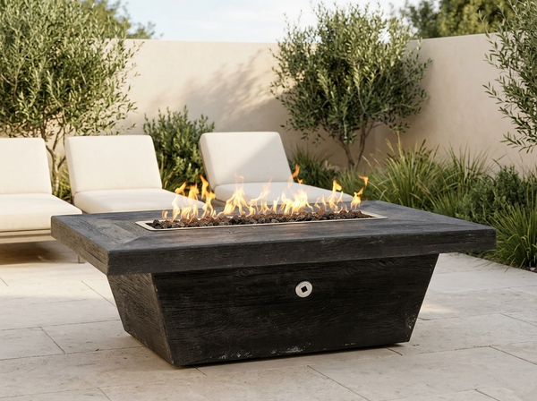 Carson - Low Profile 48" Rectangle Wood Grain Fire Pit Table | TOP — outdoor setting