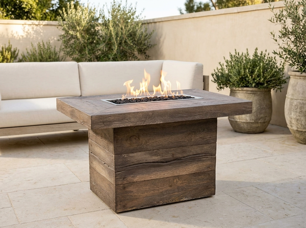 Alberta Rectangle Wood Grain Fire Pit Table | The Outdoor Plus — outdoor setting
