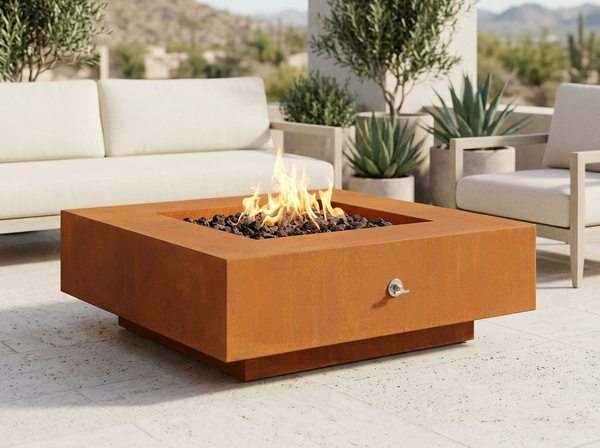 Cabo Square Corten Steel Fire Pit Table | The Outdoor Plus — outdoor setting