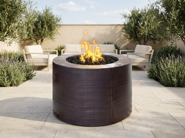 Beverly Hammered Round Copper Fire Pit Table | The Outdoor Plus — outdoor setting