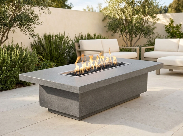Fremont 32" Rectangle Powder Coat Steel Fire Pit Table | TOP — outdoor setting