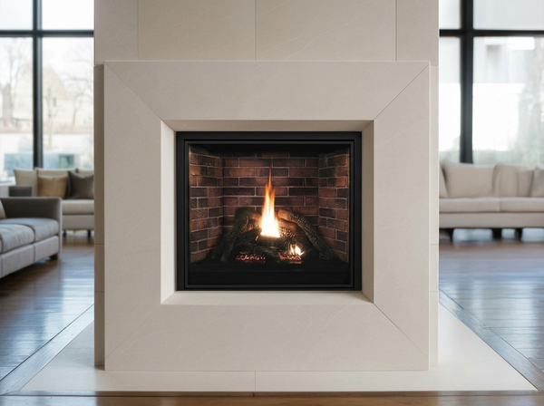 Empire Tahoe Clean-Face Premium 32" Direct Vent Gas Fireplace — room setting. AI-assisted visualization; shown fronts, liners, media and surroundings may be optional.