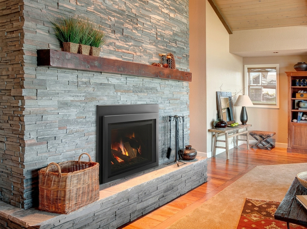 Majestic Ruby 30" Direct Vent Gas Fireplace Insert — room setting. AI-assisted visualization; shown fronts, liners, media and surroundings may be optional.