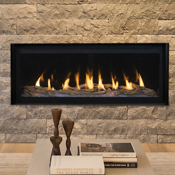 Superior DRL6048. Shown with optional driftwood logs; porcelain interior, platinum glass and blue floor illumination. AI-assisted editorial visualization preserving the manufacturer-photographed installation. Optional accessories are not represented as included in the base price. Installation must follow the supplied model-specific manual.