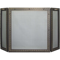 Custom made free standing fireplace triple panel screen with thick steel frame and heavy gauge mesh in bronzed iron