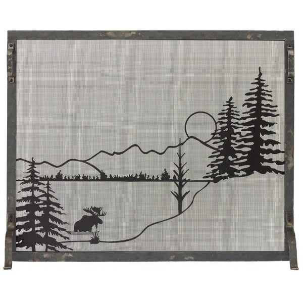 Custom Craftsman Forged Fireplace Screen with Alaskan Evening hand-forged pictorial overlay and steel frame