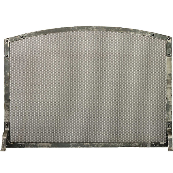 Free standing Craftsman Old World arched fireplace screen with hammered steel frame and scrollwork