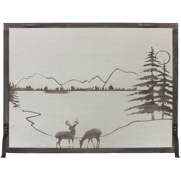 Free standing fireplace screen with traditional rectangle whitetail design, heavy gauge mesh, burnished bronze frame, custom made in USA