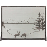 Free standing fireplace screen with traditional rectangle whitetail design, heavy gauge mesh, burnished bronze frame, custom made in USA